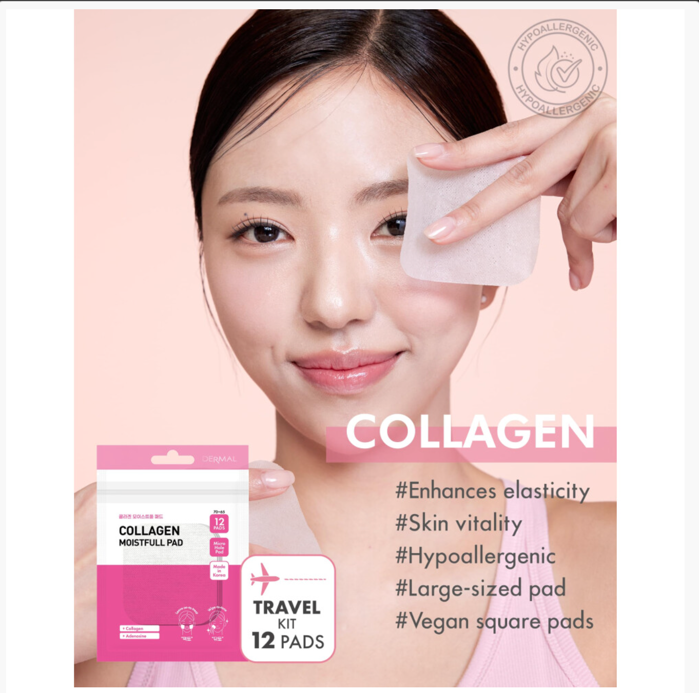 DERMAL Collagen Moistfull Toner Pads 12 Pads | Peptide Toner